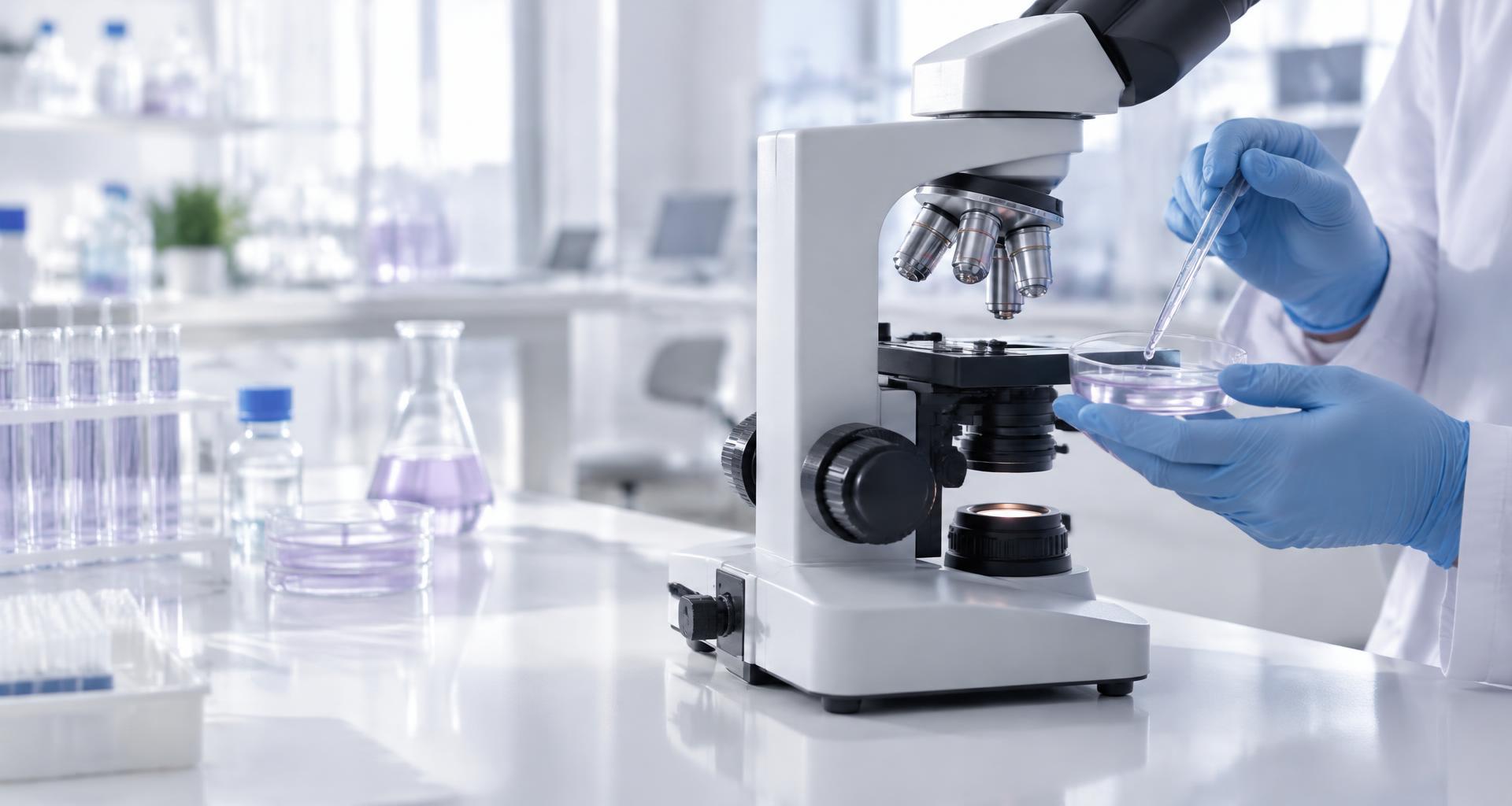 Microscópio e instrumentos de pesquisa em um laboratório de saúde — imagem ilustrativa